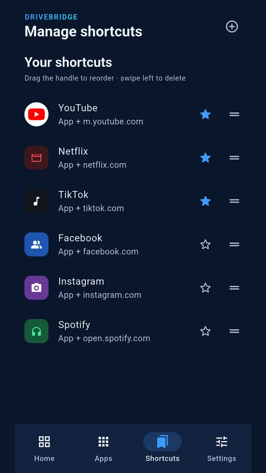 Manage shortcuts screen: starred favorites at the top and drag handles to reorder.